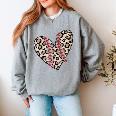 Simply Sage Market Leopard Baseball Heart Sweatshirt - M - Graphite
