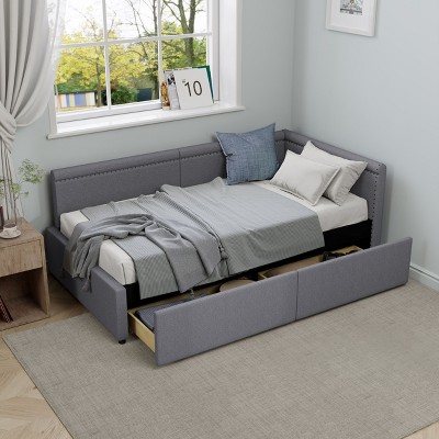 CAVINAS Twin Size L-Shape Corner Bed Frame with 2 Storage Drawers,Linen Upholstered Daybed for Kids Room,Bedroom