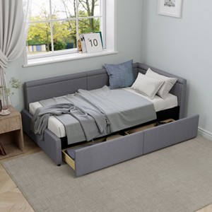 CAVINAS Twin Size L-Shape Corner Bed Frame with 2 Storage Drawers,Linen Upholstered Daybed for Kids Room,Bedroom - 1 of 4
