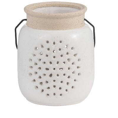 Sagebrook Home Ceramic Lantern - Contemporary Ivory and Beige Flower Cut-Out Creative Decorative Lantern with Handle for Indoor or Outdoor Use