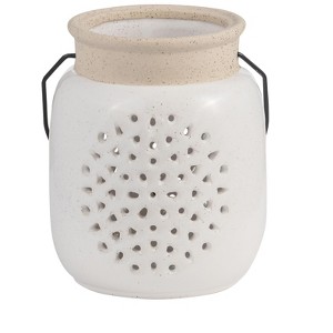 Sagebrook Home Ceramic Lantern - Contemporary Ivory and Beige Flower Cut-Out Creative Decorative Lantern with Handle for Indoor or Outdoor Use - 1 of 4