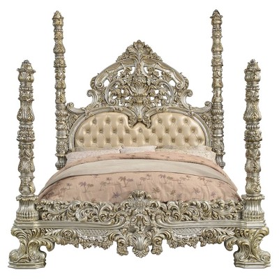 Champagne and Gold King Faux Leather Tufted Bed with Headboard