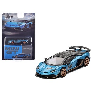 Lamborghini Aventador SVJ 63 Blu Aegir Blue Metallic with Carbon Top Limited Edition 1/64 Diecast Model Car by Mini GT - 1 of 4