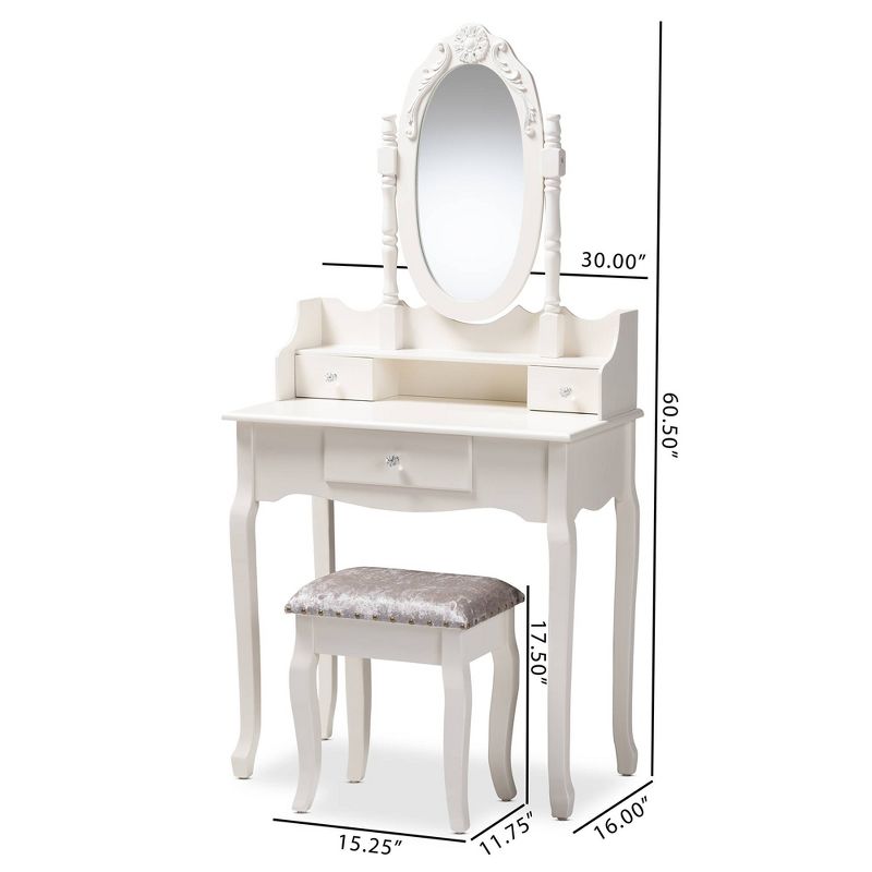 2pc Veronique White Finished Wood Vanity Table with Mirror and Ottoman White - Baxton Studio, 4 of 11
