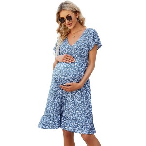Coolmee Women Summer Maternity Mini Dress Smocked Casual V Neck Ruffle Short Sleeve Boho Dress for Baby Shower Photoshoot - 1 of 4