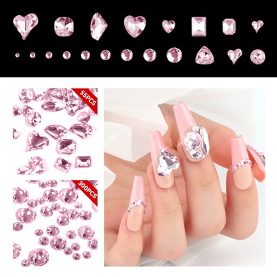 Saviland K9 Crystal Rhinestones Kit - 355PCS Holographic Pink Nail Gems with 12 Mixed Shapes for Professional Nail Art (Heart/Round Styles)