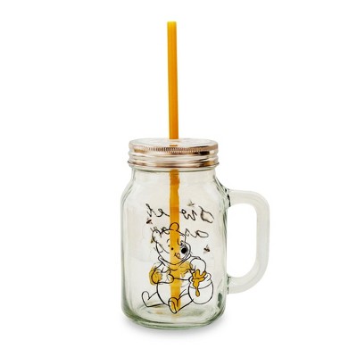 Silver Buffalo Winnie the Pooh Sweet as Can Bee 21 Ounce Glass Mason Jar With Lid and Straw