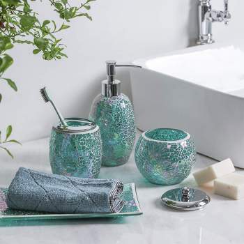 Whole Housewares Decorative Blue Glass Bathroom Decor Accessories Set, 4-Piece