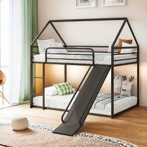 ELJGET Metal House Bunk Bed with Slide, Ladder & Safety Guardrail, Heavy Duty Metal Low Bunk Bed with House Shape & Roof - 1 of 4