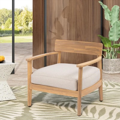 Outdoor Acacia Wood Lounge Chair with Curved Back and Beige Fabric Cushion,Modern Patio Club Chair for Garden,Wooden Lounge Chair-Coolbibila