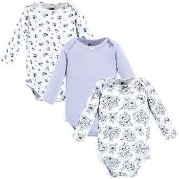 Hudson Baby Infant Girl Cotton Long-Sleeve Bodysuits, Blue Toile 3-Pack