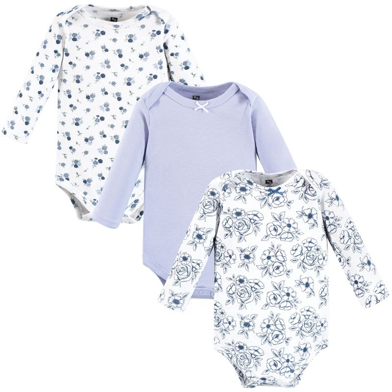 Hudson Baby Infant Girl Cotton Long-Sleeve Bodysuits, Blue Toile 3-Pack, 1 of 7