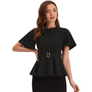 Allegra K Women's Round Neck Flutter Sleeve Belted Waist Office Peplum Blouse - 1 of 4