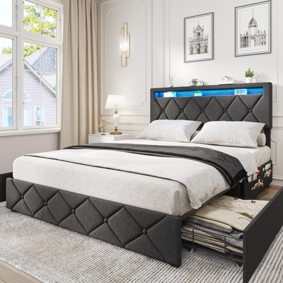 Upholstered Platform Bed Frame with Storage Drawers, Charging Station & LED Lights, Grey