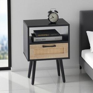 KWPZQEB Rattan Nightstand, Boho End Table with Drawer and Storage, Cane Accent Bedside End Table with Solid Wood Legs for Bedroom, Dorm - 1 of 4
