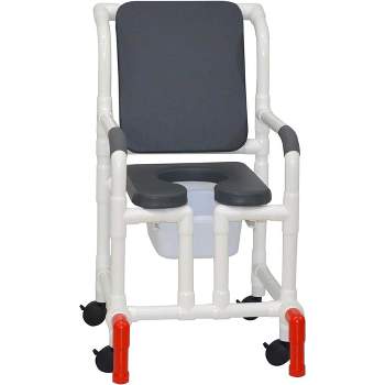 MJM International Corporation Shower chair 18 in width 3 in front seat cushion padded back true open front 10 qt slide mode pail front 300 lb wt
