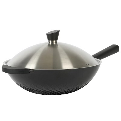 Pre-Seasoned Cast Iron Wok with 2 Handled and Wooden Lid (36cm