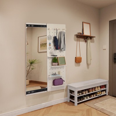 Wall Mounted Full Length Mirror with Shelf, Full Body Mirror with Pegboard, Wall Bathroom Makeup Mirror for Bedroom Living Room Dressing Room