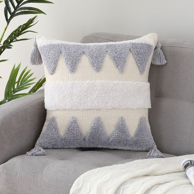 Boho Tufted Tassels Chenille Decorative Throw Pillow Covers, 18 x 18 Inches