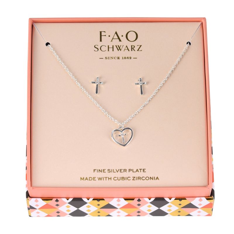 FAO Schwarz Silver Tone Heart and Cross Pendant Necklace and Earring Set, 2 of 4