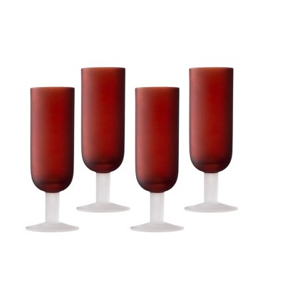 Elle Decor Frosted Glass Flutes Set of 4 Beverage Stemmed Glass Cups for Prosecco, Champagne, 6.6 oz, Red Top White Stem