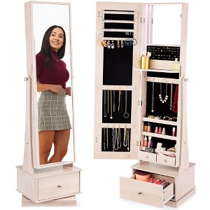 Best Choice Products 360 Swivel Standing Mirrored Jewelry Cabinet, LED-Lit Makeup Organizer w/ Mirror - Coastal White - 1 of 4