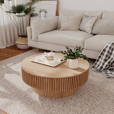 31'' Round Solid Wood Coffee Table,Coffee Table With Storage And Solid Wood Veneered,Accent Tea Table For Living Room,Bedroom-Coolbibila