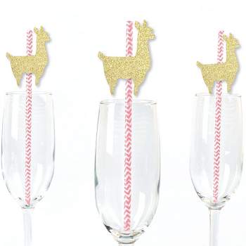Big Dot of Happiness Gold Glitter Llama Party Straws - No-Mess Real Gold Glitter Cut-Outs & Baby Shower or Birthday Party Paper Straws - Set of 24