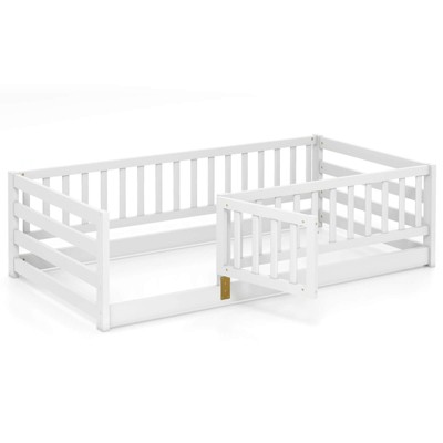 Safstar Twin Size Floor Bed w/High Fence & Door Safety Guardrails Wood Floor Bed Frame