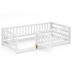 Safstar Twin Size Floor Bed w/High Fence & Door Safety Guardrails Wood Floor Bed Frame - 1 of 4