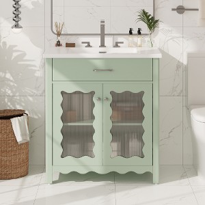 ACEPANO 31 in. W Modern Bathroom Vanity with Tempered Glass Top, Rubberwood Legs & Soft-Close Cabinet Doors-Green - 1 of 4