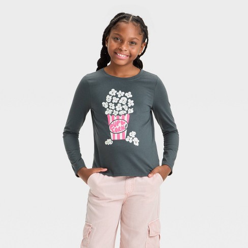 Girls Long Sleeve pup corn Graphic T shirt Cat Jack Charcoal Gray Target