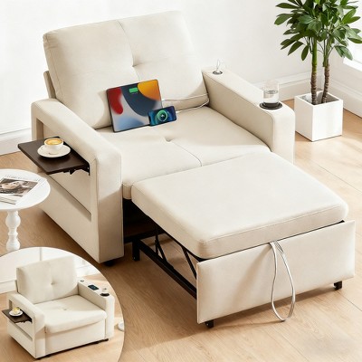 Dyonery 42.5" Sleeper Chair Bed with Pull Out Couch Bed, 3-in-1 Convertible Reclining Sofa Chair with Adjustable Backrest/USB Ports & Wing Table