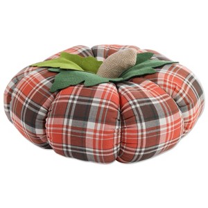 12" Harvest Plaid Pumpkin Round Throw Pillow Orange/Green - Pillow Perfect: Indoor Decorative Autumn Cushion - 1 of 4