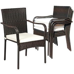 Costway Set of 4 Patio Rattan Dining Chair Stackable Cushioned Armrest Garden - 1 of 4