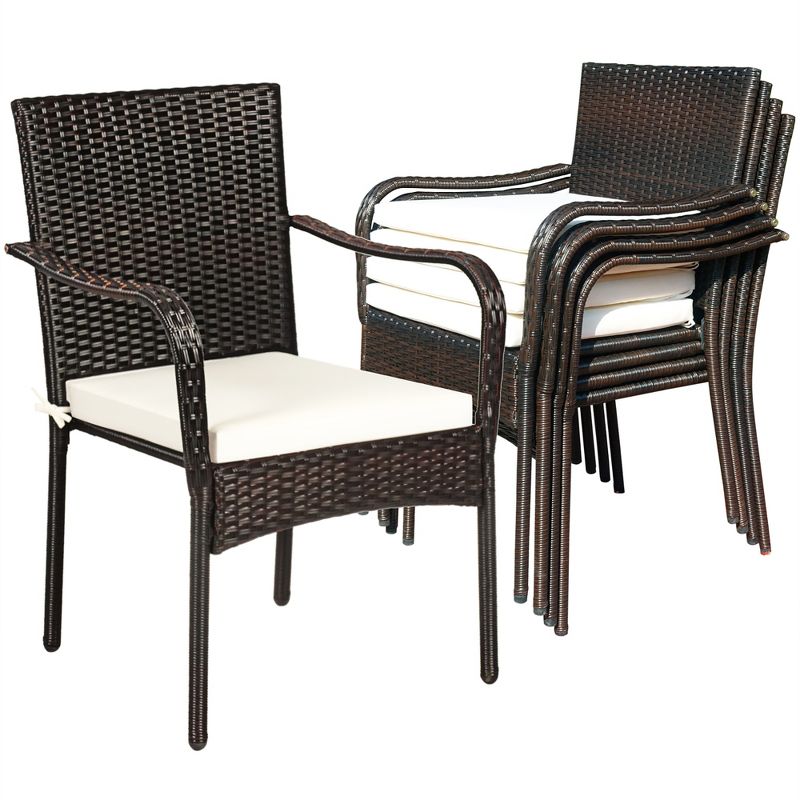Costway Set of 4 Patio Rattan Dining Chair Stackable Cushioned Armrest Garden, 1 of 11