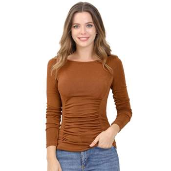 Allegra K Women's Round Neck Long Sleeves Ruched Casual Fitted Top