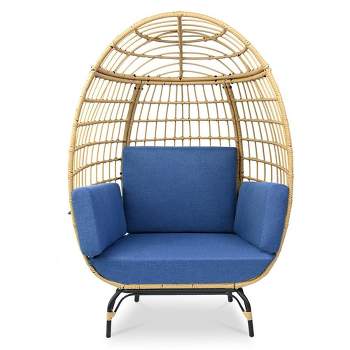 SereneLife Wicker Rattan Egg Chair, Indoor Outdoor Blue Sofa Chair for Patio Backyard and Living Room with 4 Cushions and Powder Coated Steel Frame