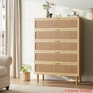 Rattan 5 Drawer Dresser for Bedroom, Chest of Drawers with Deep Drawers, Large Double Dresser for Closet with Wide Top, Tall Wooden Dresser - 1 of 4