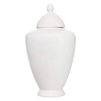 AuldHome Design White Ceramic Ginger Jar; Decorative Home Decor Vase w/ Lid, Farmhouse Style
