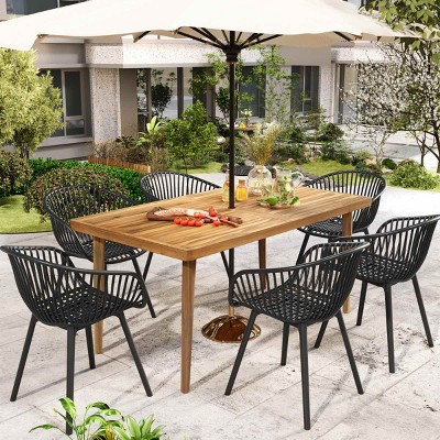 7 Piece Outdoor Dining Set with Acacia Wood Table,Stackable PP Dining Chair Patio Garden Set,Weather Resistant Outdoor Dining Set-Cuddlewood