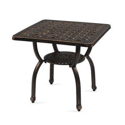 Cast Aluminum Outdoor Side Table - Round Black Patio Coffee Table With Shelf