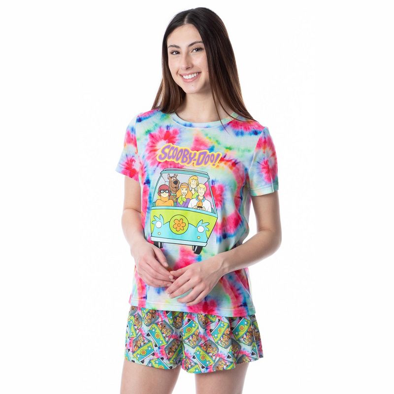 Scooby-Doo Womens' Mystery Machine Tie Dye Sleep Pajama Set Short Multicolored, 1 of 6