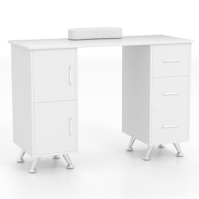 Costway Wooden Nail Desk Station with Removable Wrist Rest Metal Legs & 3 Drawers, 2 Cabinets White/Pink/Black
