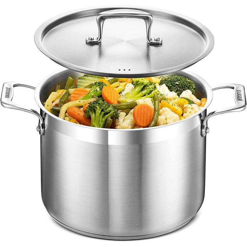 Bakken- Swiss Stockpot Brushed Stainless Steel Induction Pot with Lid and Riveted Handles, 1 of 2