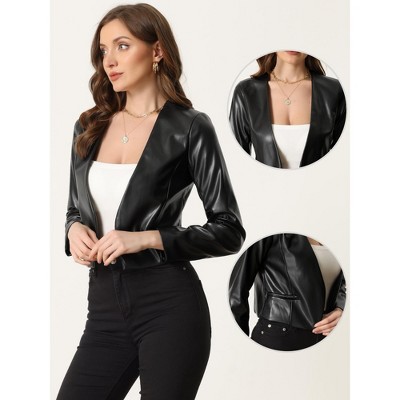 INSPIRE CHIC Women's Collarless Open Front Faux Pocket Faux Leather Crop Moto Jackets X-Small Black — фото 2