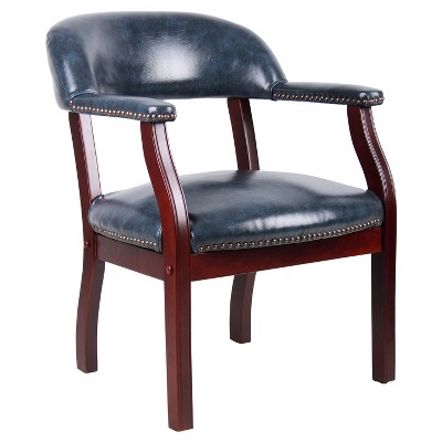 Blue Vinyl and Mahogany Wood Traditional Captain's Reception Chair