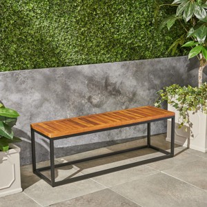 Coolbibila-Patio Benches With Iron Frame And Closed Legs, Garden Benches Constructed From Teak Wood, Modern Garden Bench Outdoor - 1 of 4