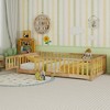 Bellemave Twin Floor Bed with Fence and Door, Solid Rubber Wood Montessori Bed Frame with Safety Guardrails, Natural Kids Playhouse Design - 3 of 4
