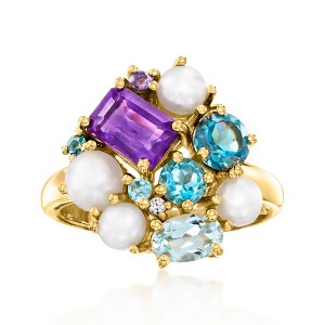 Ross-Simons 4-5mm Cultured Pearl and 2.20 ct. t.w. Multi-Gemstone Cluster Ring in 18kt Gold Over Sterling - 1 of 4